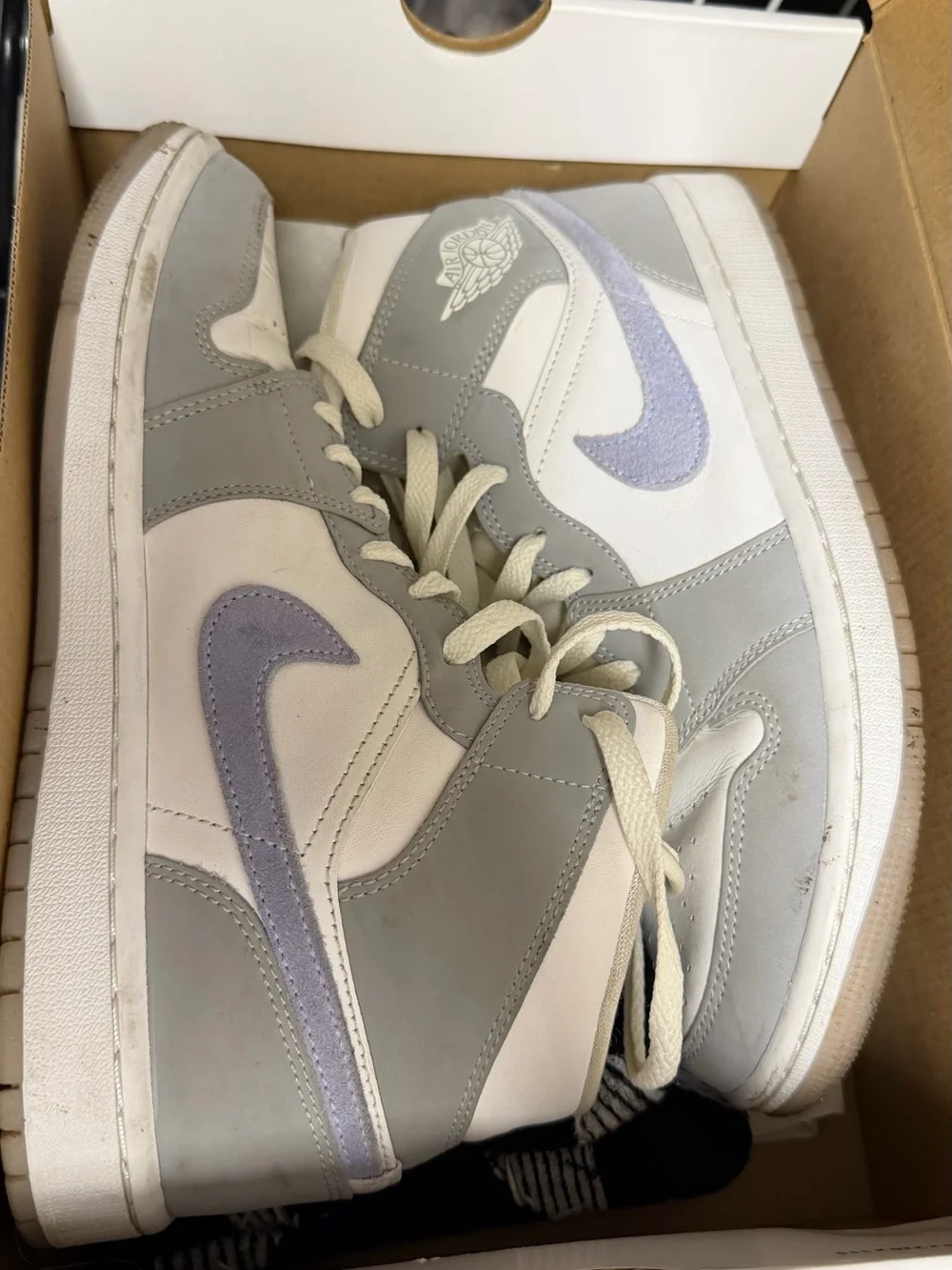 Jordan High-Top Sneakers in Gray, White & Lavender